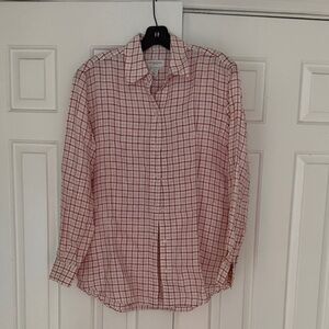 Liz Claiborne White Button-Down Shirt with Red Windowpane Check